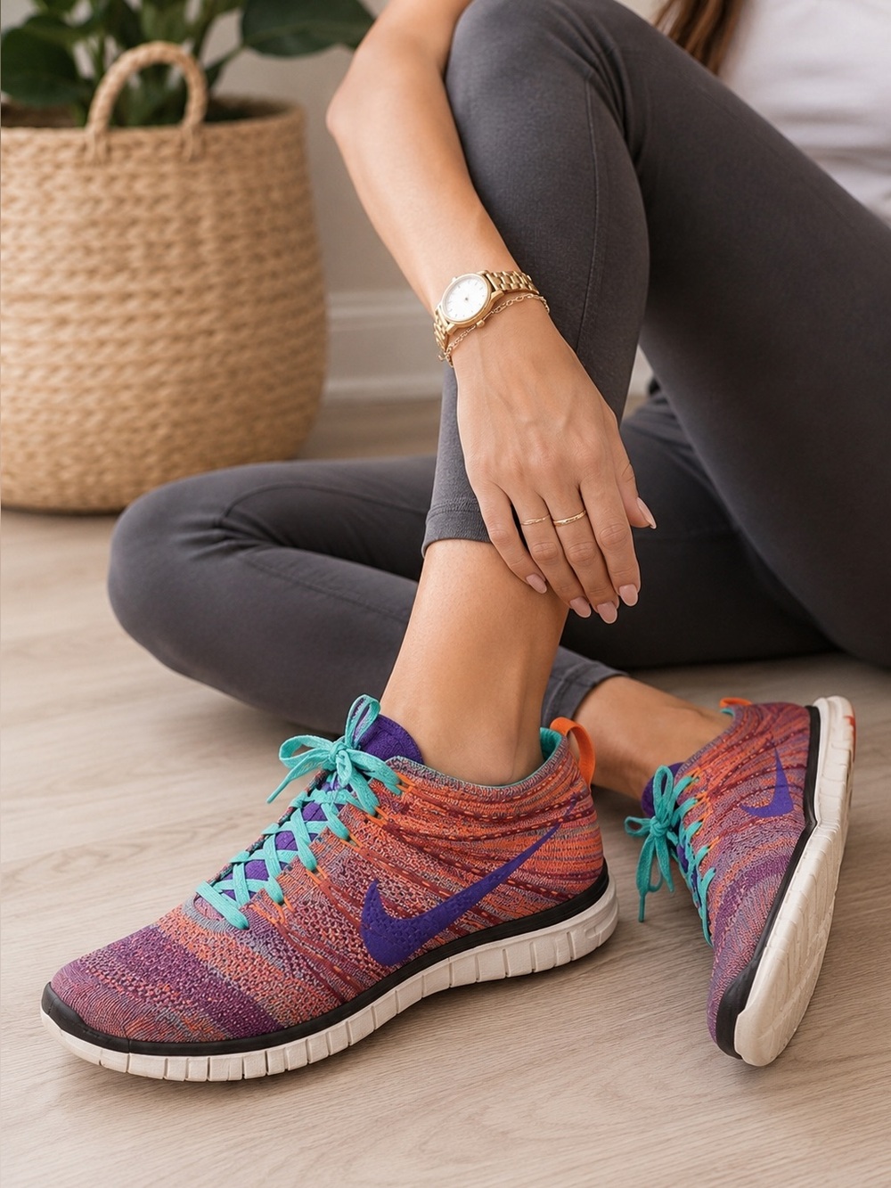 Nike Flyknit Chukka Multicolor Knit Sneakers Teal Laces Purple Swoosh Women’s 8